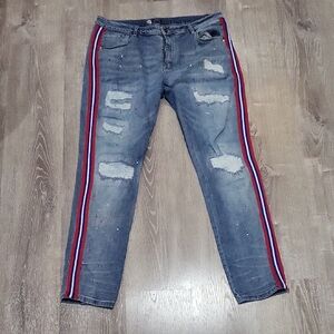 Staple Blue Distressed Jeans with Red and White Accents